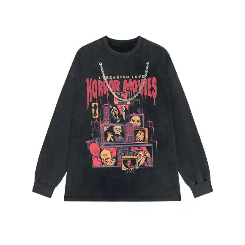 Horror Movies Printed Long Sleeve Necklace Retro Sweatshirt