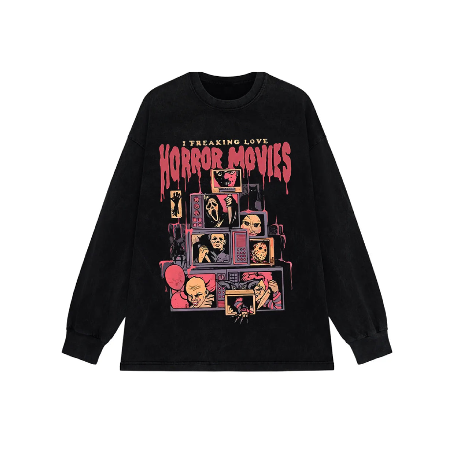 I Freaking Love Horror Movies Printed Retro Sweatshirt