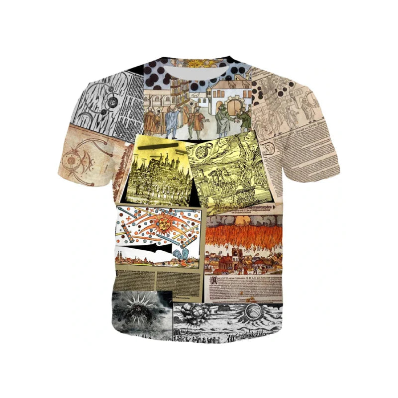 Printed Round Neck Short Sleeve T Shirt Beige Newspaper / S