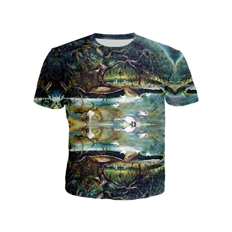 Printed Round Neck Short Sleeve T Shirt Black Ducks / S