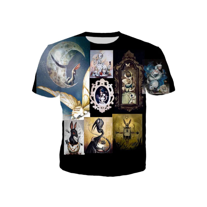 Printed Round Neck Short Sleeve T Shirt Mirrow Moon / S