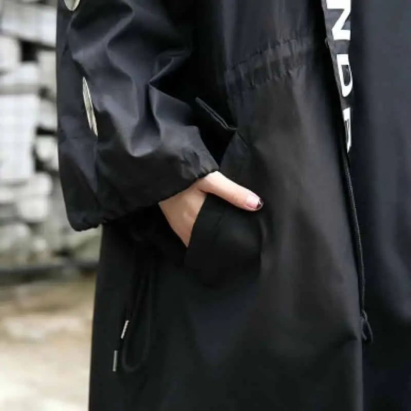 Printed Trench Jacket Hooded with Unique Pattern Black