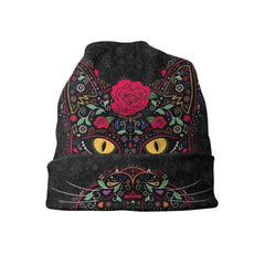Printed With Cat And Flowers Beanie - Black / One Size