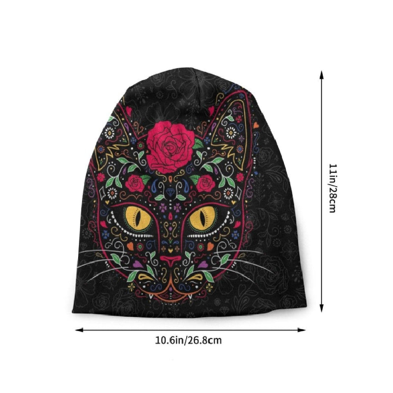 Printed With Cat And Flowers Beanie - Black