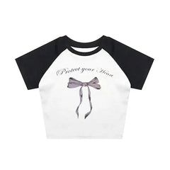 Protect Your Heart Y2k Bow Crop Top Blouse - Black White