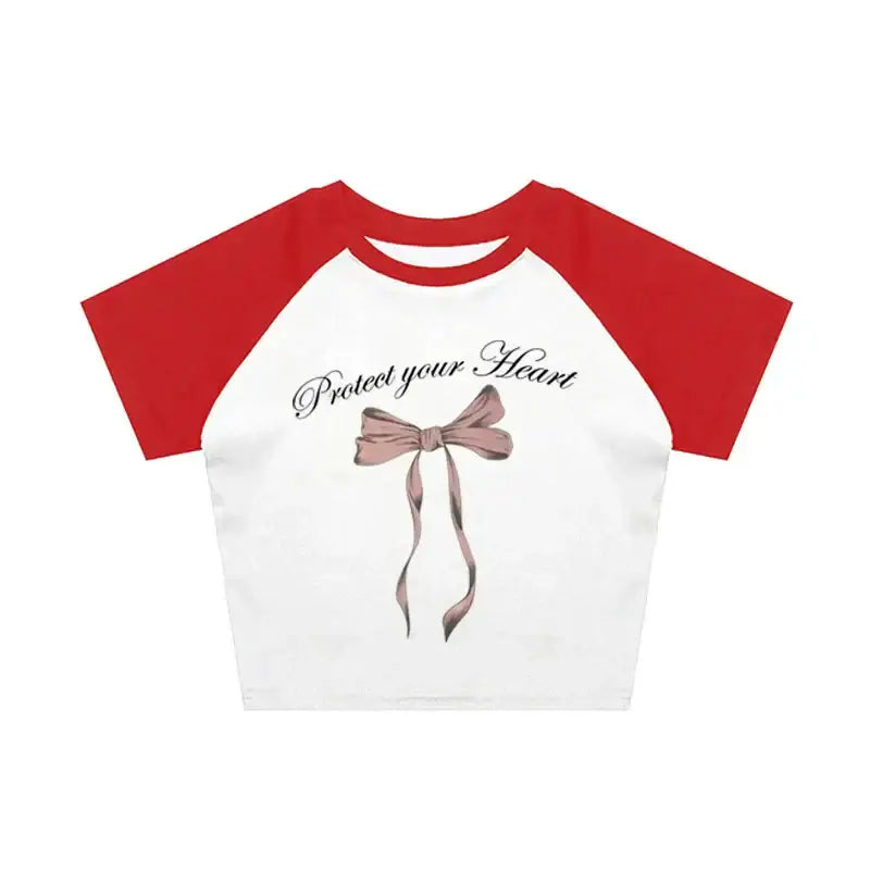 Protect Your Heart Y2k Bow Crop Top Blouse - Red / S - top