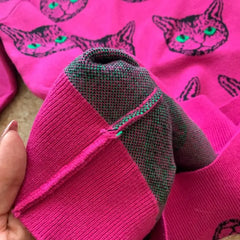 Psychedelic Cat Print Knitted Sweater with O Neck and Loose