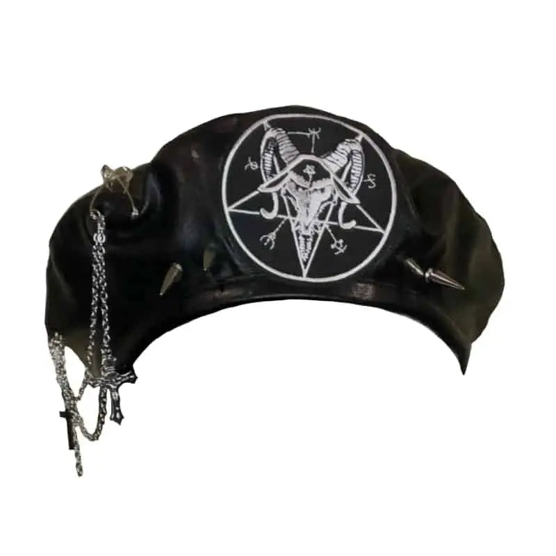PU Beret Hat with Metal Rivet Cross Chain Pin Black