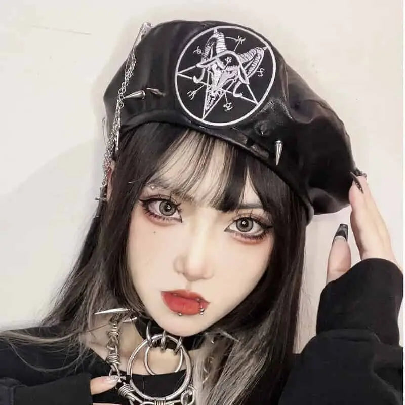 PU Beret Hat with Metal Rivet Cross Chain Pin Black