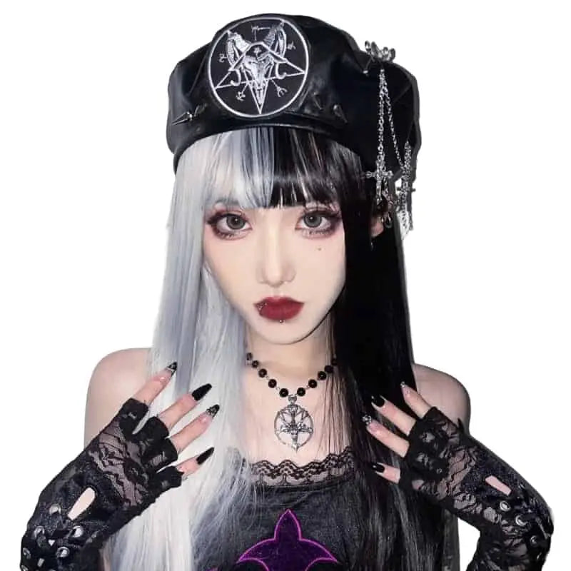 PU Beret Hat with Metal Rivet Cross Chain Pin Black