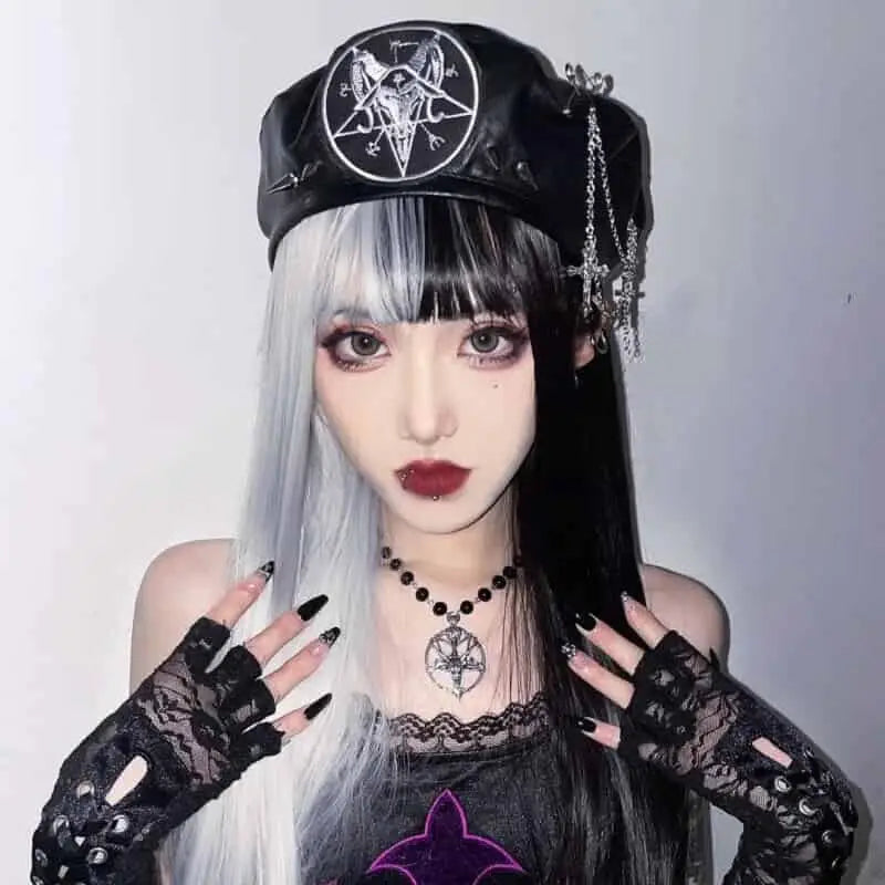 PU Beret Hat with Metal Rivet Cross Chain Pin Black