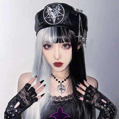 PU Beret Hat with Metal Rivet Cross Chain Pin Black