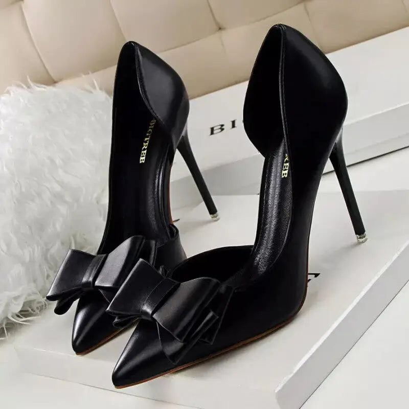 PU Bow Pointed Toe High Heels - Black / 34 - Shoes