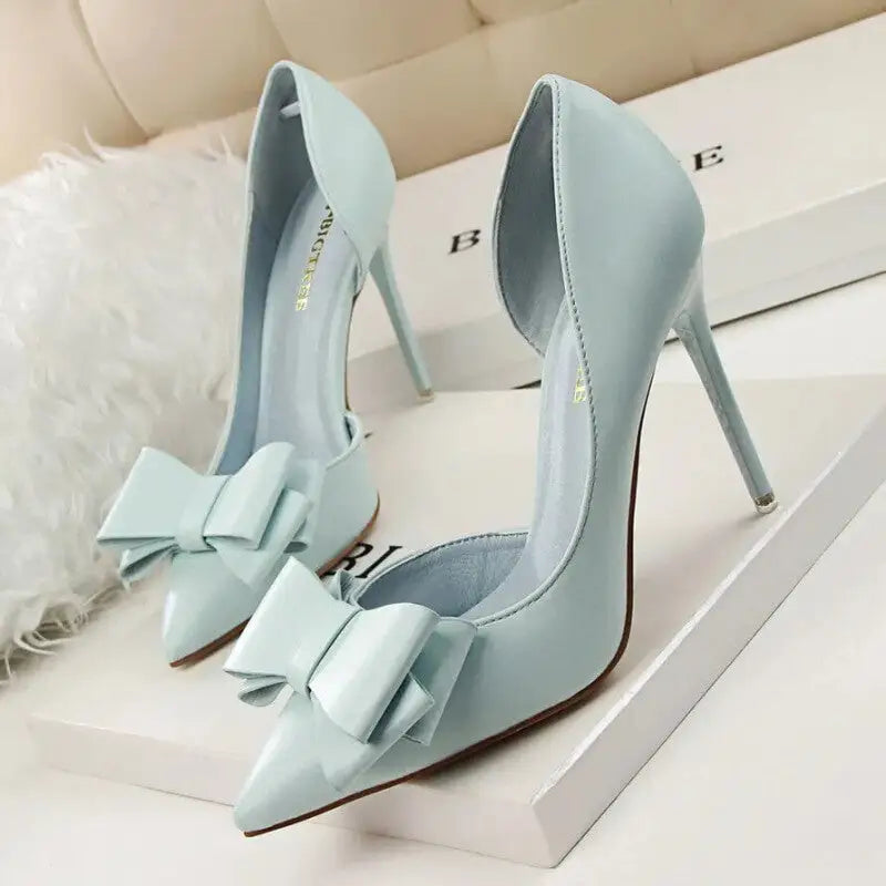 PU Bow Pointed Toe High Heels - Blue / 34 - Shoes