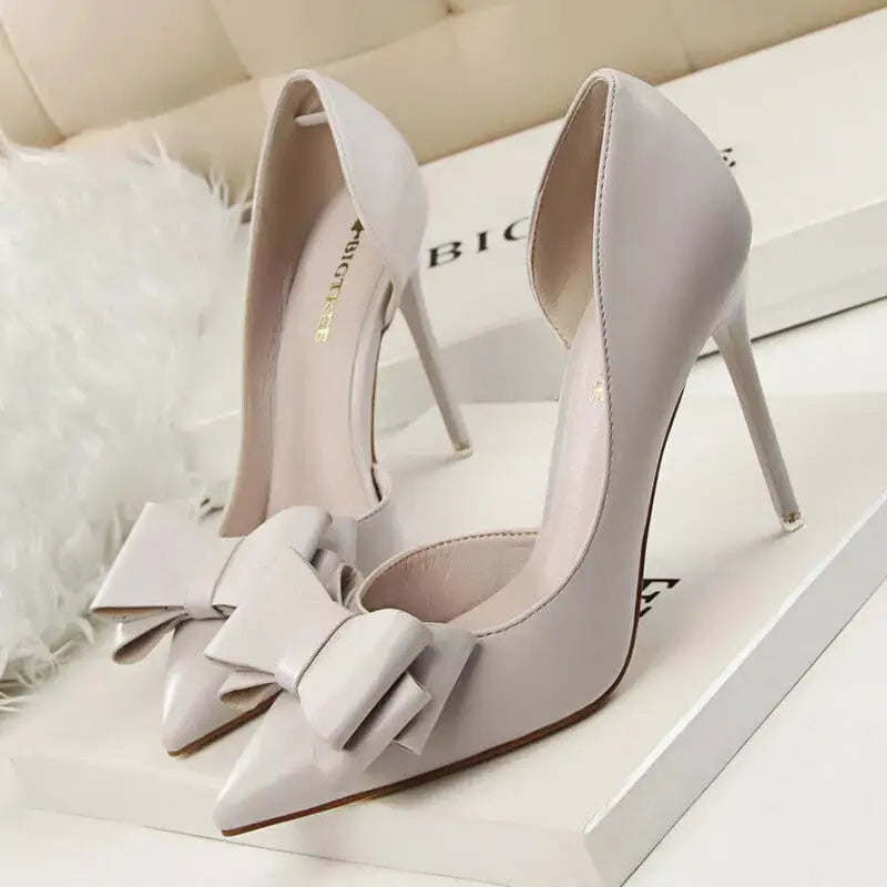 PU Bow Pointed Toe High Heels Euro Size Grey / 34