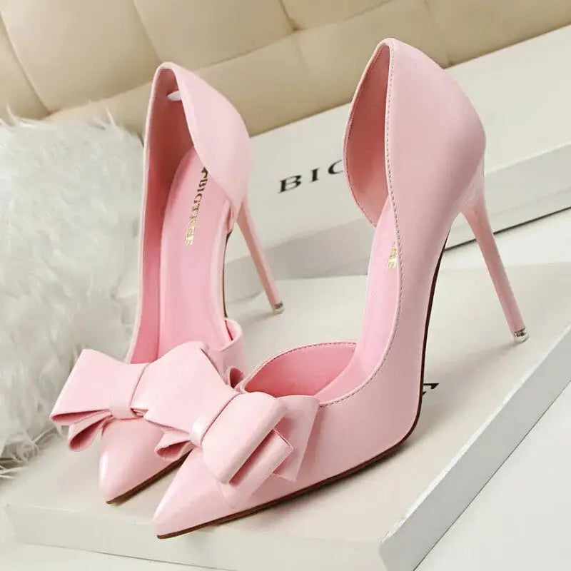 PU Bow Pointed Toe High Heels Euro Size Pink / 34