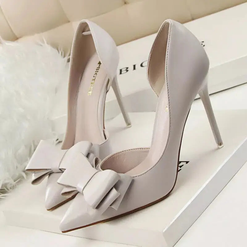 PU Bow Pointed Toe High Heels - Grey / 34 - Shoes