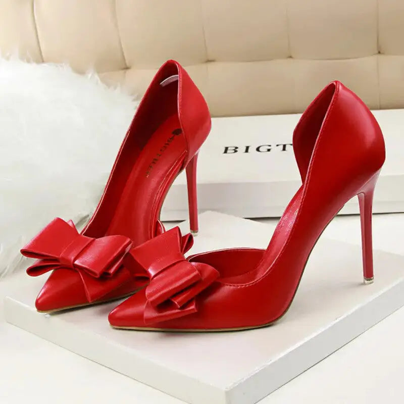 PU Bow Pointed Toe High Heels - Red / 34 - Shoes