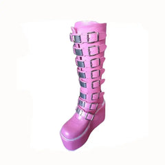 PU Buckle Up Platform High Knee Boots - boots