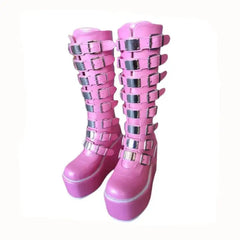 PU Buckle Up Platform High Knee Boots