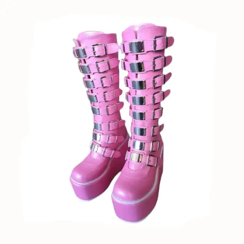 PU Buckle Up Platform High Knee Boots