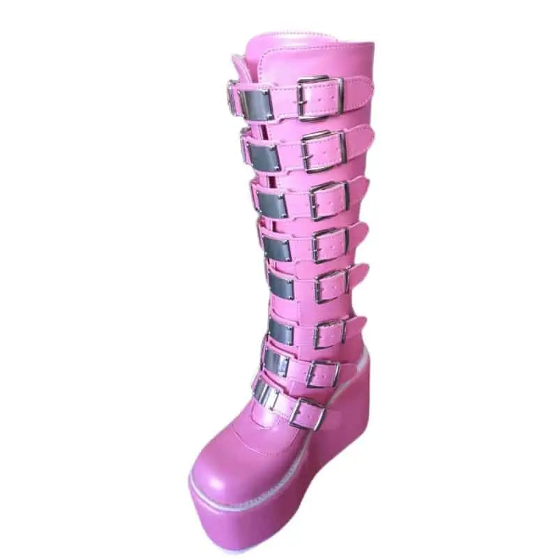 PU Buckle Up Platform High Knee Boots - Pink / 35 - boots