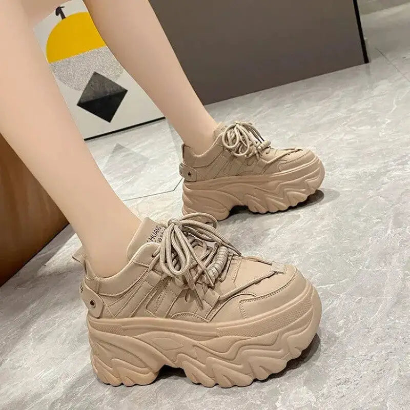 PU Chunky Platform Lace Up Sneakers - Khaki / 34