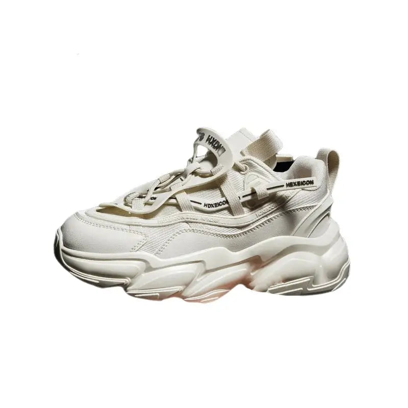 PU Chunky Round Toe Lace Up Sneakers Euro Size Beige / 36