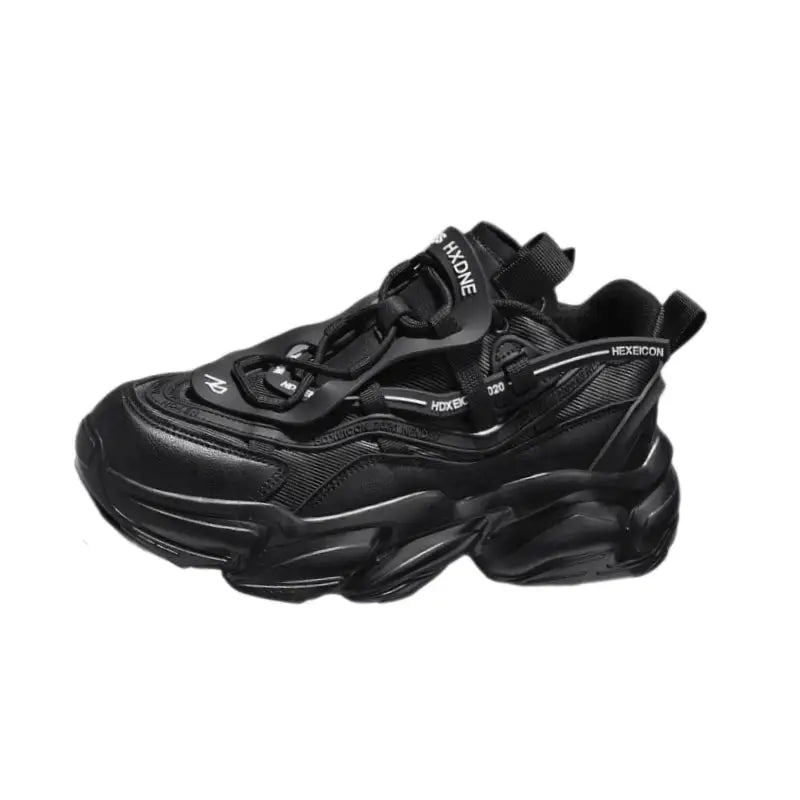 PU Chunky Round Toe Lace Up Sneakers Euro Size Black / 36