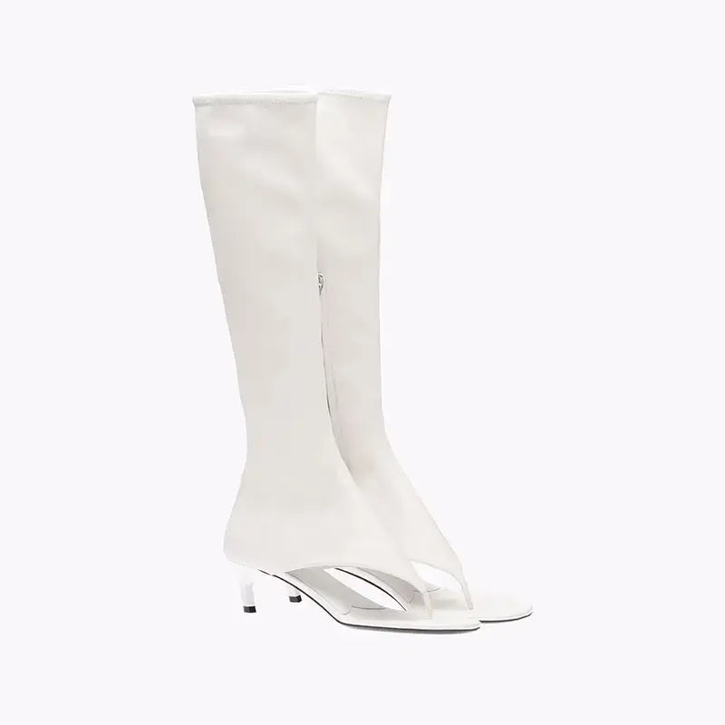 PU Clip Toe Mid Heel Side Zipper Boot Euro Size White / 34