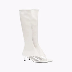 PU Clip Toe Mid Heel Side Zipper Boot Euro Size White / 34
