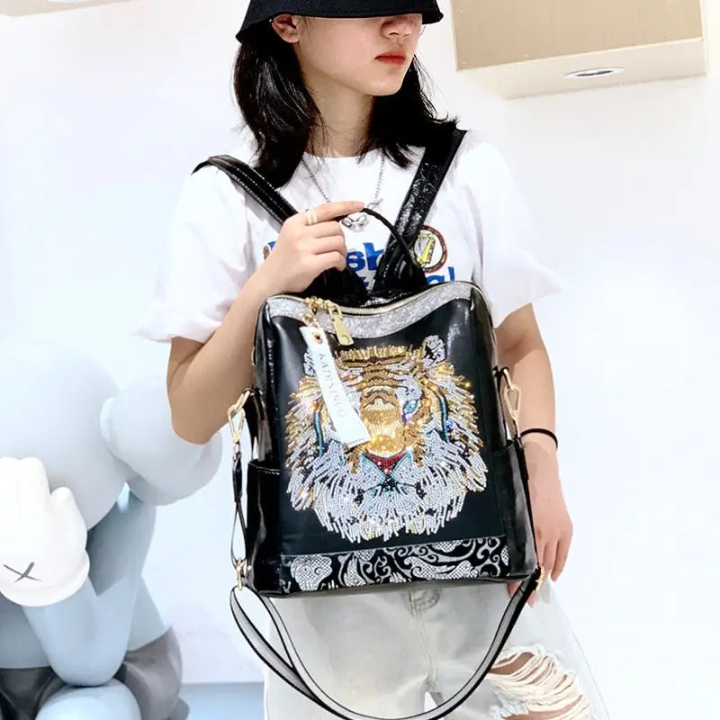 PU Fashion Tiger Sequins Backpack in Black One Size