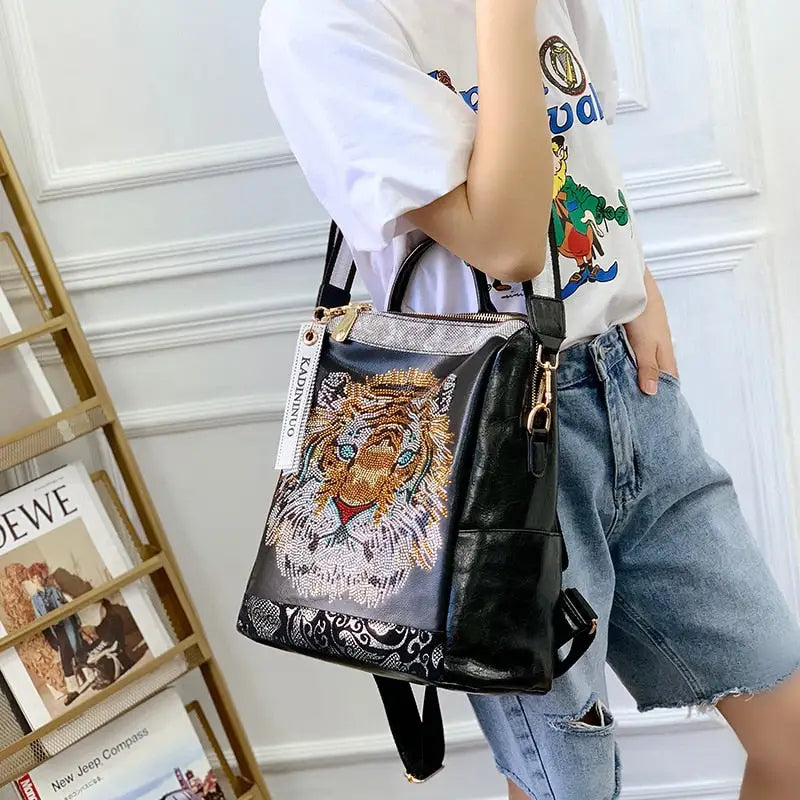 PU Fashion Tiger Sequins Backpack in Black One Size