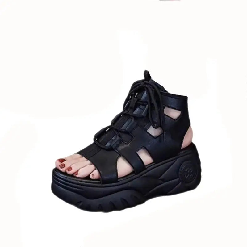 PU Gladiator Roman Sole Lace Up Sandals Black / 35