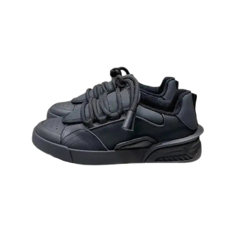 PU Lace Up Flat Platform Sneakers - Black / 35