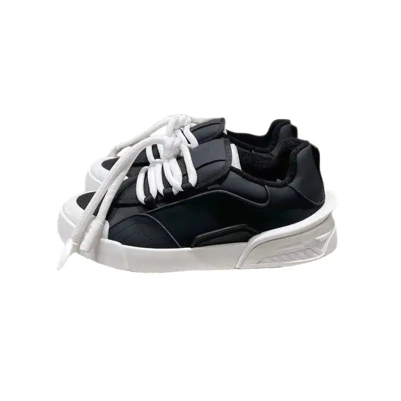 PU Lace Up Flat Platform Sneakers - Black White / 35