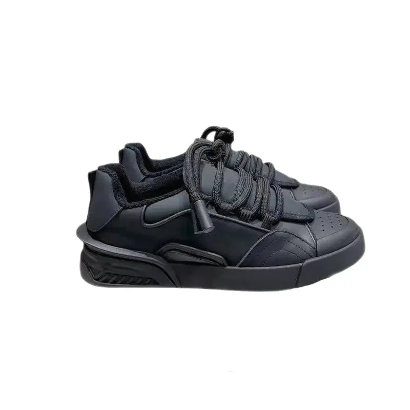 PU Lace Up Flat Platform Sneakers for Everyday Wear Black