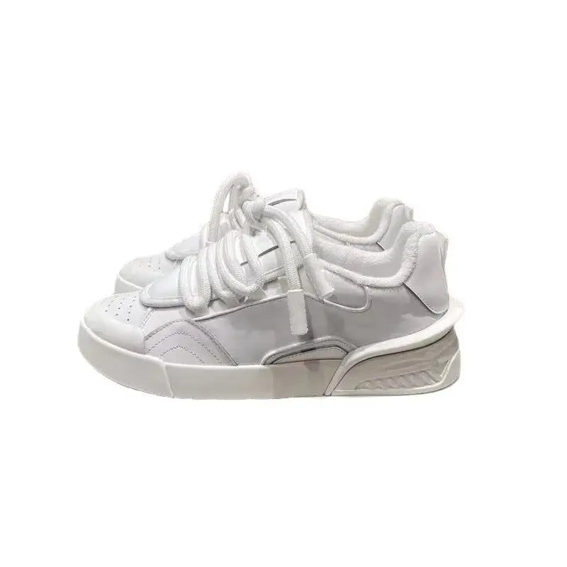 PU Lace Up Flat Platform Sneakers - White / 35