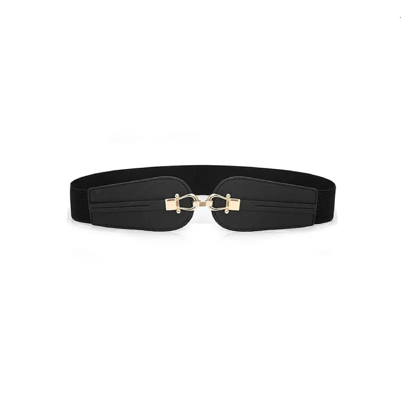 PU Leather Golden Brooch Corset Elastic Waist Belt Black 2