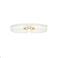 PU Leather Golden Brooch Corset Elastic Waist Belt White 2
