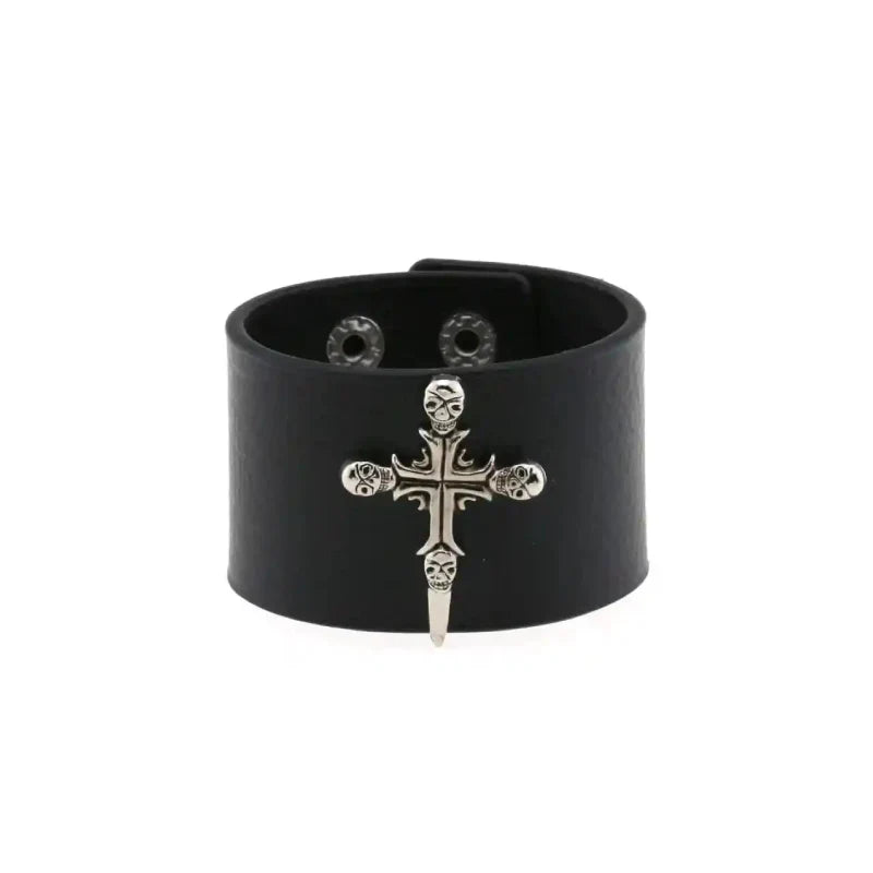 PU Leather Gothic Wrap Bangle Bracelet Black Cross