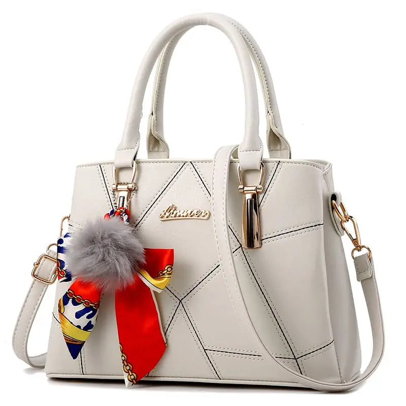 PU Leather Handbag Shoulder Handle Tote with Zipper White