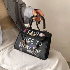 PU Leather Handbag with Cartoon Graffiti Printing