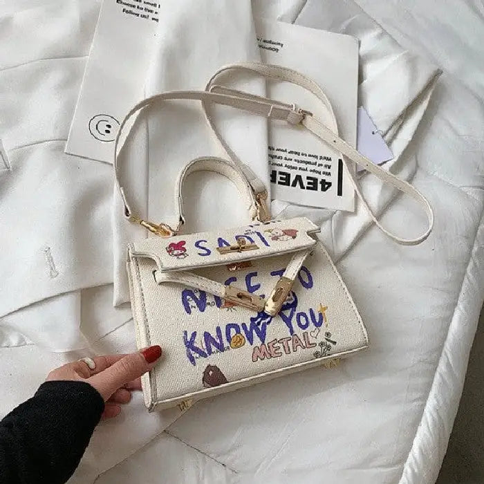 PU Leather Handbag with Cartoon Graffiti Printing