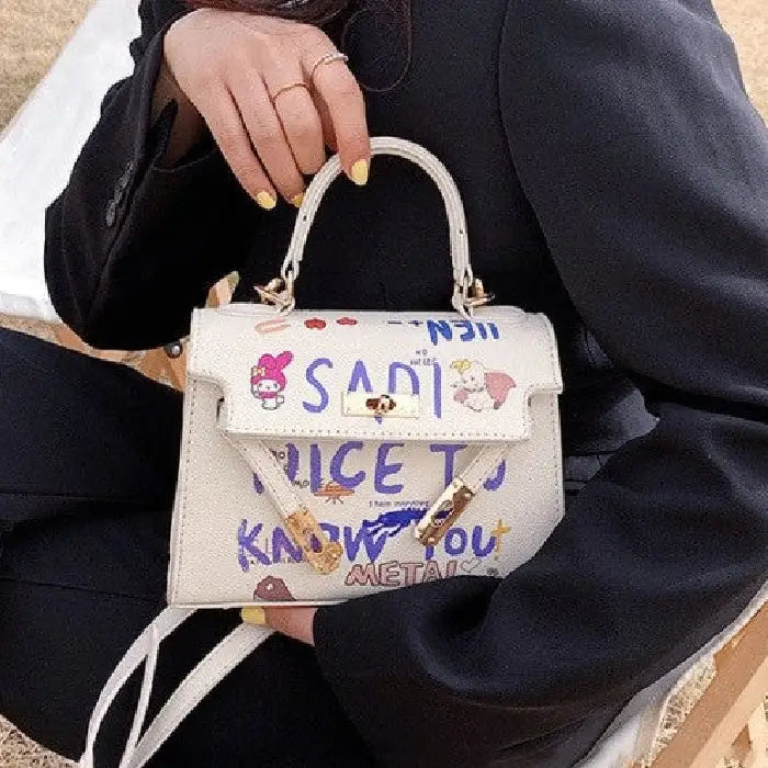 PU Leather Handbag with Cartoon Graffiti Printing
