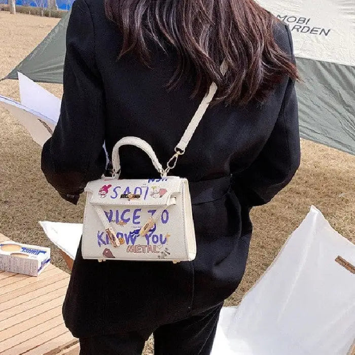 PU Leather Handbag with Cartoon Graffiti Printing