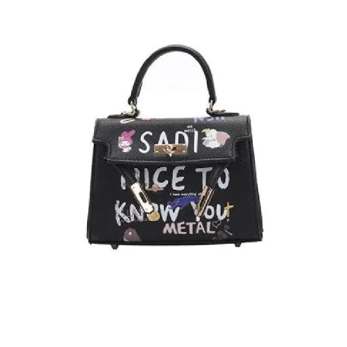 PU Leather Handbag with Cartoon Graffiti Printing Black