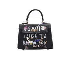 PU Leather Handbag with Cartoon Graffiti Printing Black