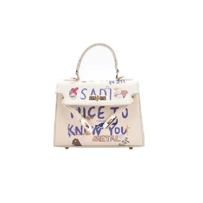 PU Leather Handbag with Cartoon Graffiti Printing White