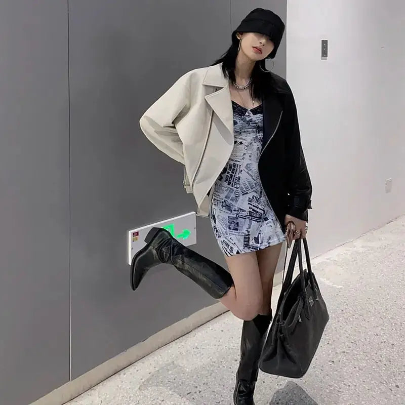 PU Leather Loose Outwear Belted Jacket for Women